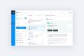 A clean, modern email client interface with a blue sidebar menu, a list of contacts, a main inbox showing recent emails, and a message preview pane highlighting an email about a new app release.