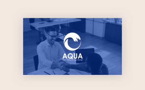 Two men in an office setting shake hands across a desk. A white wave logo and the text AQUA Your company logo design are overlaid at the center of the image. The image has a blue filter.