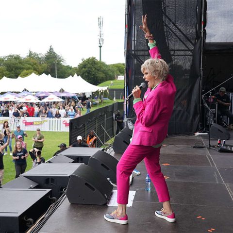 A performer in a bright pink suit sings on an outdoor stage at Marks Park, holding a microphone and raising one arm. A crowd watches from the grass, with tents and trees in the background. Other musicians are on stage.