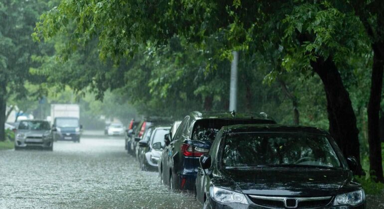 Cars are parked on a street flooded with rainwater, with water reaching up to the lower doors; trees line the street as heavy rain from severe weather continues to fall, creating a gray and gloomy atmosphere.