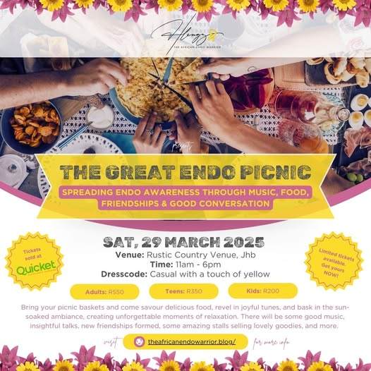 A colorful event poster for The Great Endo Picnic on 29 March 2025 in Linbro Park, Jhb, featuring details about spreading endo awareness, ticket prices, dress code, and a table set with picnic food.
