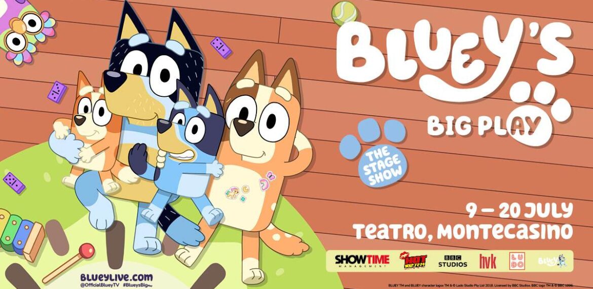 Illustrated poster for Bluey’s Big Play: The Stage Show featuring Bluey and her family sitting together on the floor, creating cozy memories like happy homeowners. Event details: 9–20 July, Teatro, Montecasino. Logos and toys decorate the scene.