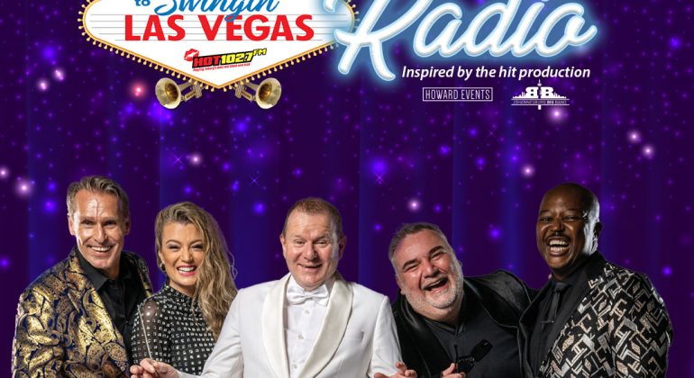Five smiling performers in glamorous attire stand under a bright Welcome to Swingin Las Vegas Sting Radio sign, against a purple, starry background. The festive, lively mood suggests a vibrant music or entertainment event.