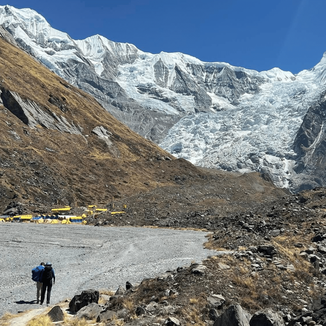 A lone hiker with a backpack walks toward a base camp, marked by a cluster of yellow tents at the foot of snow-covered mountains under a clear blue sky. Rocky terrain and sparse grass cover the ground.