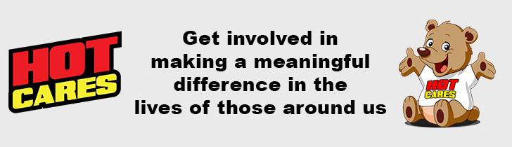 A cartoon bear in a HOT CARES shirt sits next to bold text: Learn about us and get involved in making a meaningful difference in the lives of those around us, alongside the HOT CARES logo.