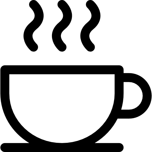 Black and white icon of a coffee cup with three wavy lines rising above it, representing steam from a hot beverage.