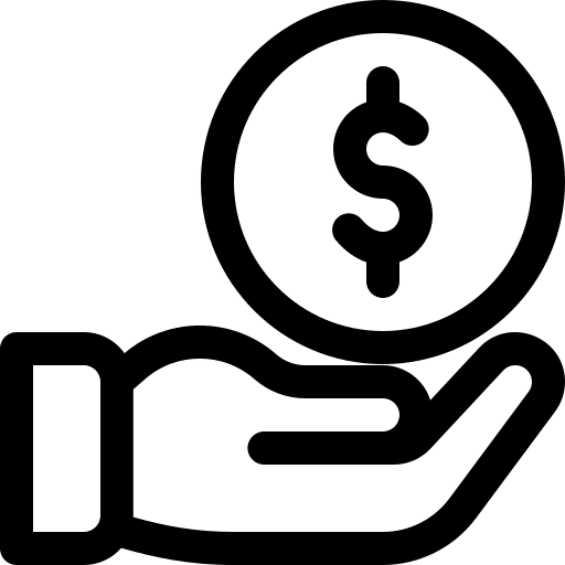 Black and white icon of an open hand facing upward with a coin featuring a dollar sign hovering above the palm, symbolizing receiving or giving money.