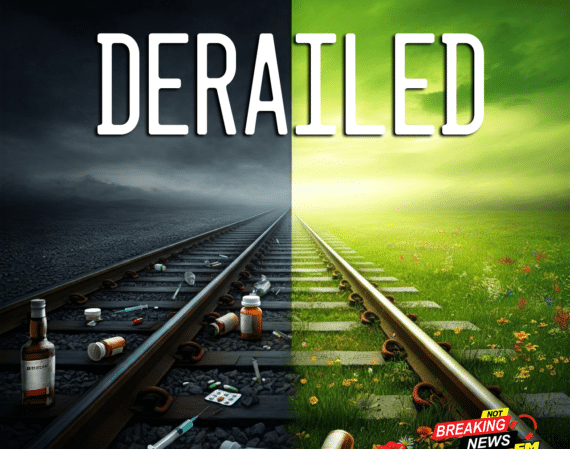 Two railroad tracks split the image: the left side is dark with alcohol bottles and syringes scattered, while the right is bright and green. Large text reads DERAILED. A small Not Breaking News logo is in the bottom right corner.