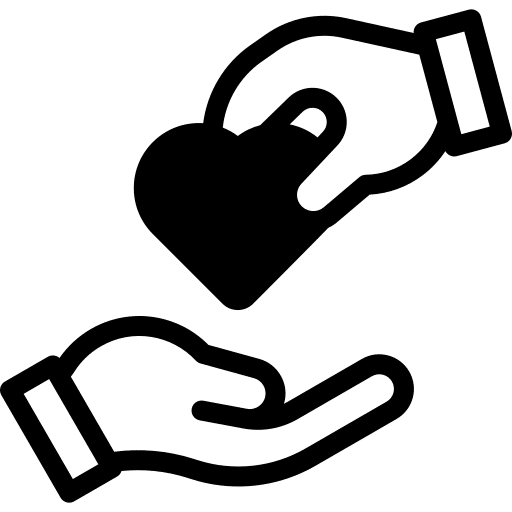 A simple black outline icon showing one hand passing a heart shape to another open hand, symbolizing giving, kindness, charity, care, and the spirit of Hot Cares.