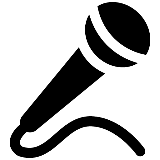Black and white icon of a handheld microphone with a long, curved cable extending from the base.