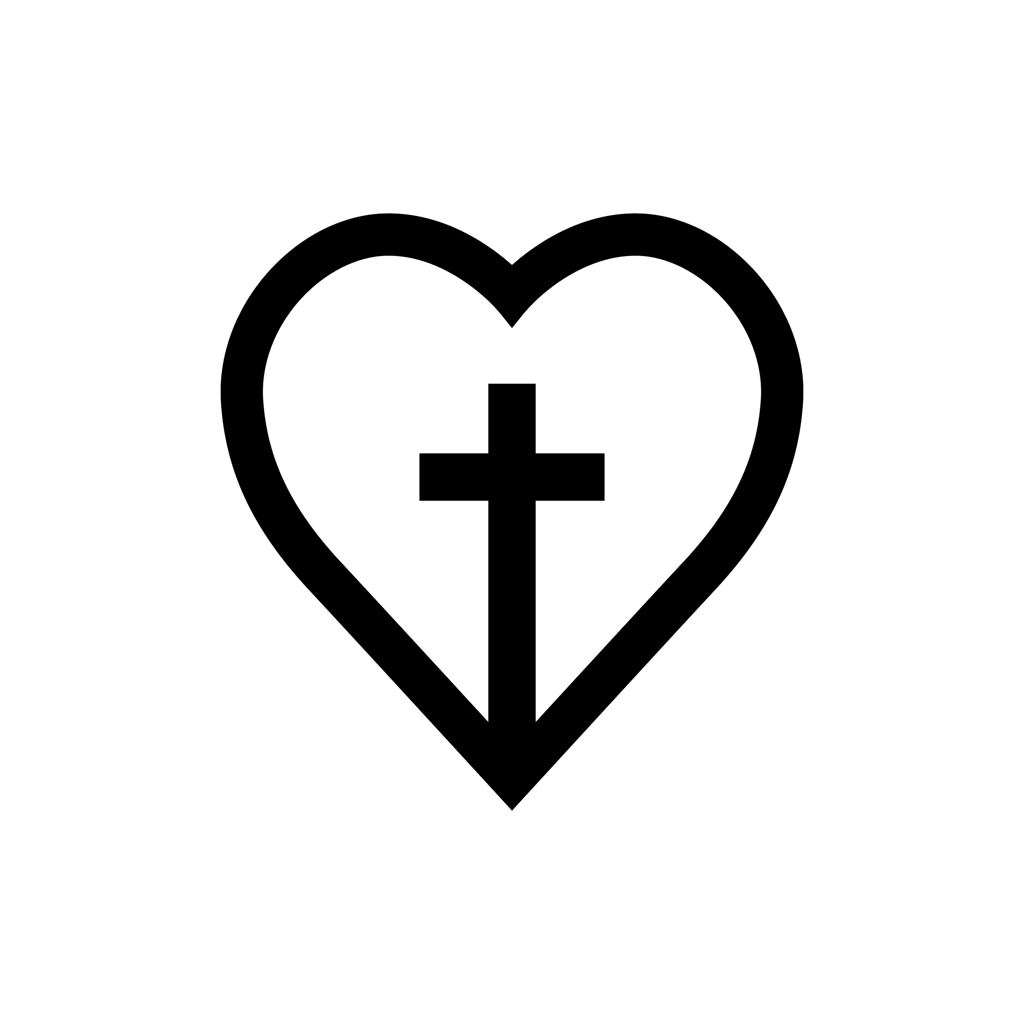A black outline of a heart with a cross symbol inside it, centered on a plain white background.