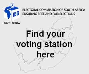 IEC logo and map of South Africa with text: Electoral Commission of South Africa ensuring free and fair elections. Find your voting station here.
