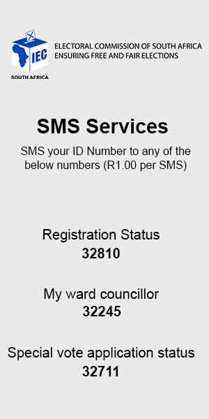 Infographic from the Electoral Commission of South Africa detailing SMS services: text your ID number to 32810 for registration status, 32245 for ward councillor info, or 32711 for special vote application status.
