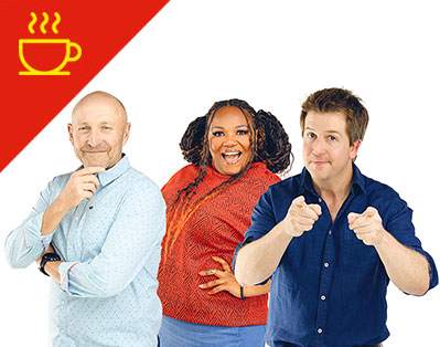 Three smiling people pose together against a white background. A yellow steaming coffee cup icon is in the top left corner on a red triangle. The man on the left has his hand on his chin, the woman in the center smiles widely, and the man on the right points forward.