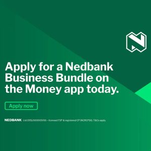A green graphic with the Nedbank logo and text: Apply for a Nedbank Business Bundle on the Money app today. There’s a green Apply now button and small print at the bottom with legal details.