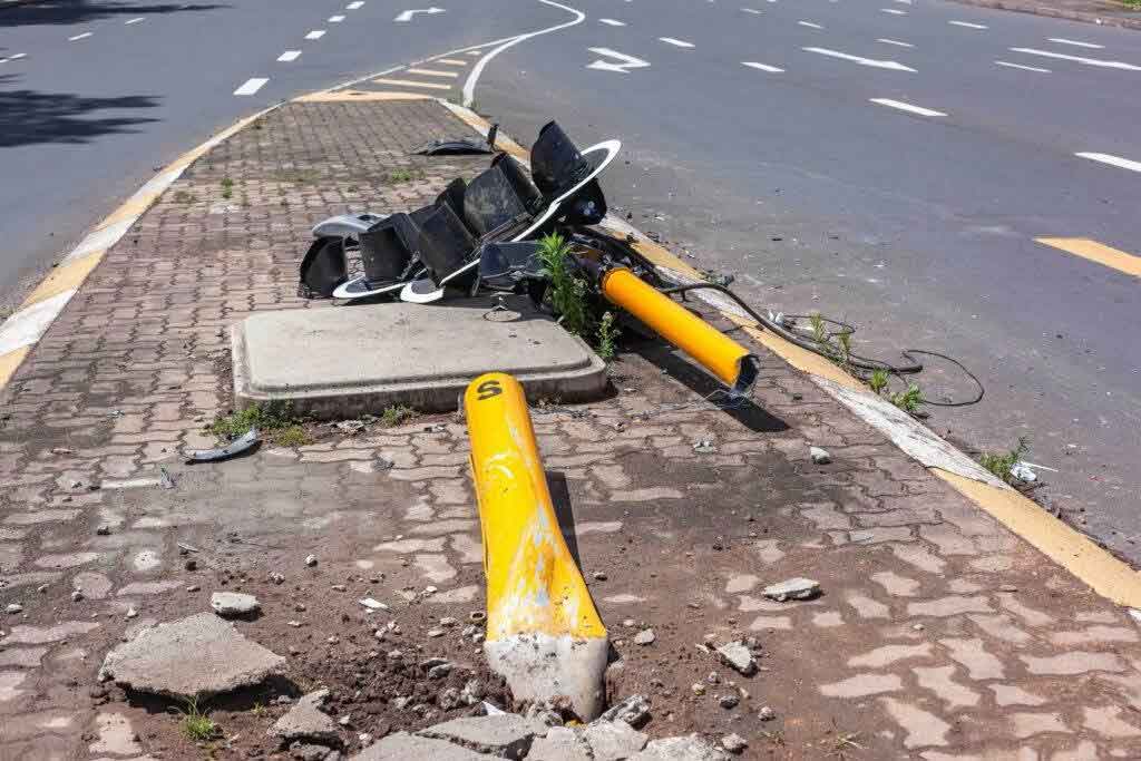 A damaged yellow traffic light pole lies broken on a brick sidewalk beside a road, with debris scattered around and the signal lights detached and lying on the ground.