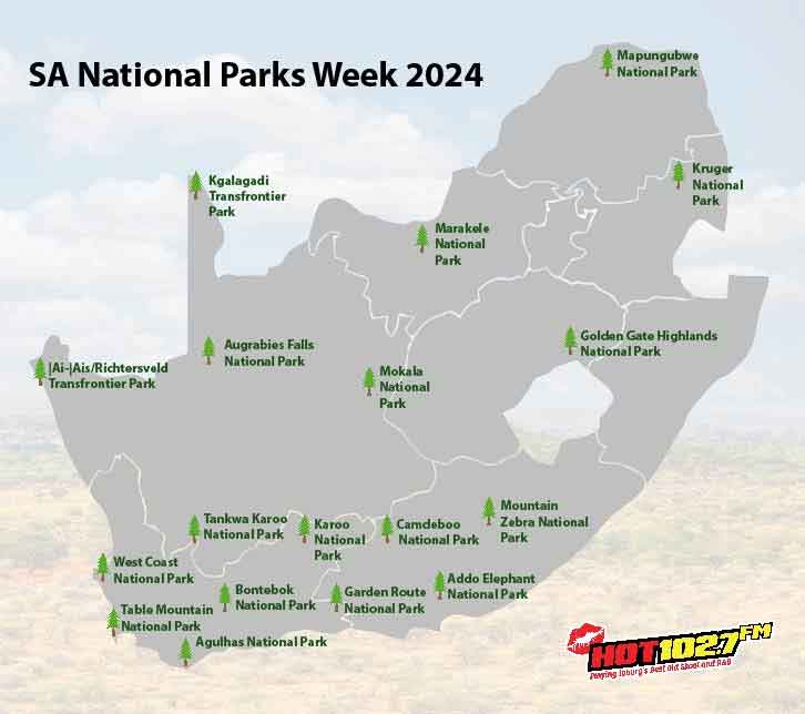 A map of South Africa showing the locations of national parks, labeled with their names for SA National Parks Week 2024. HOT102.7FM logo appears at the bottom right corner.