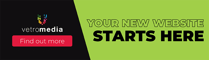 Banner with black and green background reads vetromedia and YOUR NEW WEBSITE STARTS HERE. A red button below says Find out more.