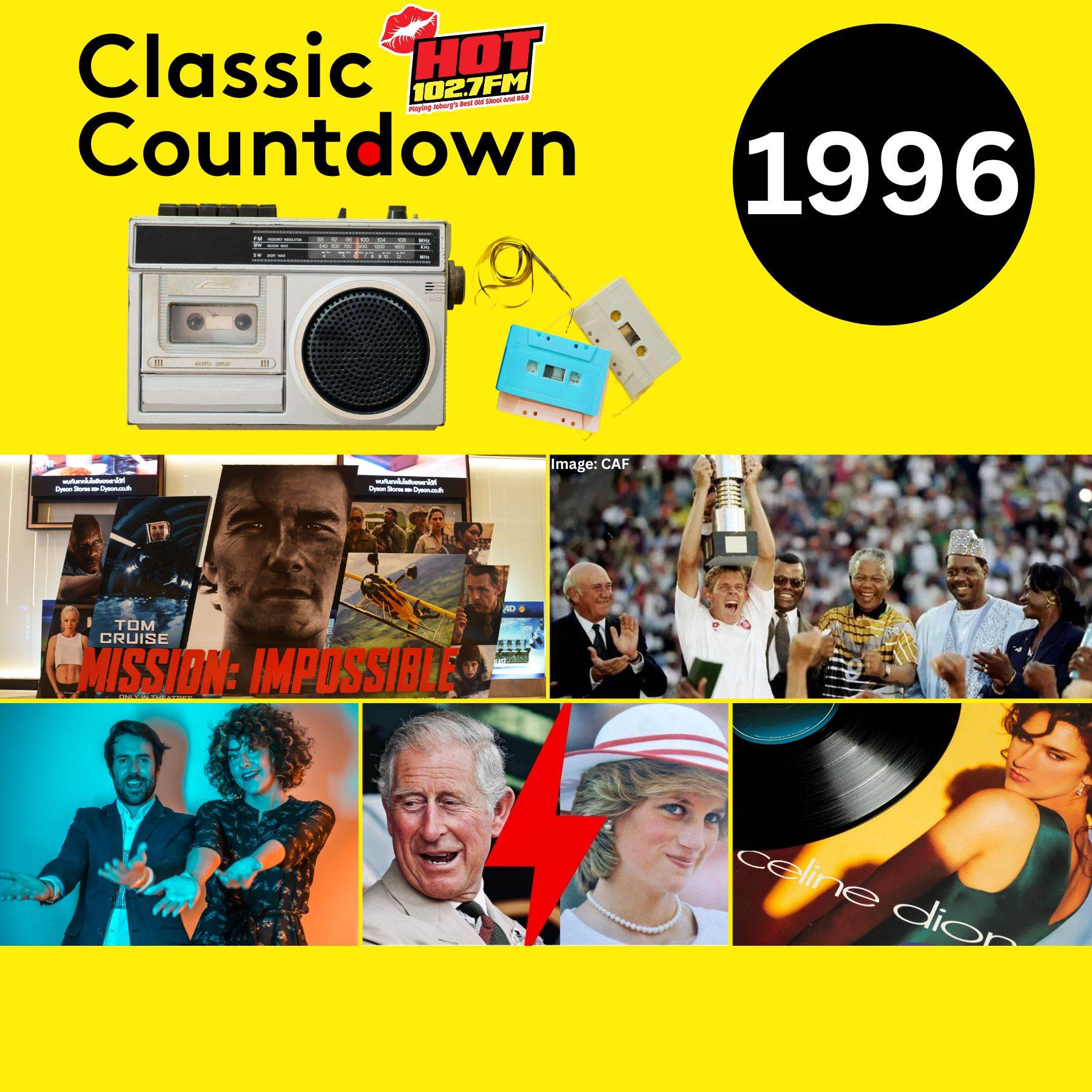 A bright yellow collage featuring a radio, cassette tape, “1996,” Classic Countdown, scenes from “Mission: Impossible,” Wimbledon tennis winners, dancers, Prince Charles, Princess Diana, and Celine Dion’s album cover.