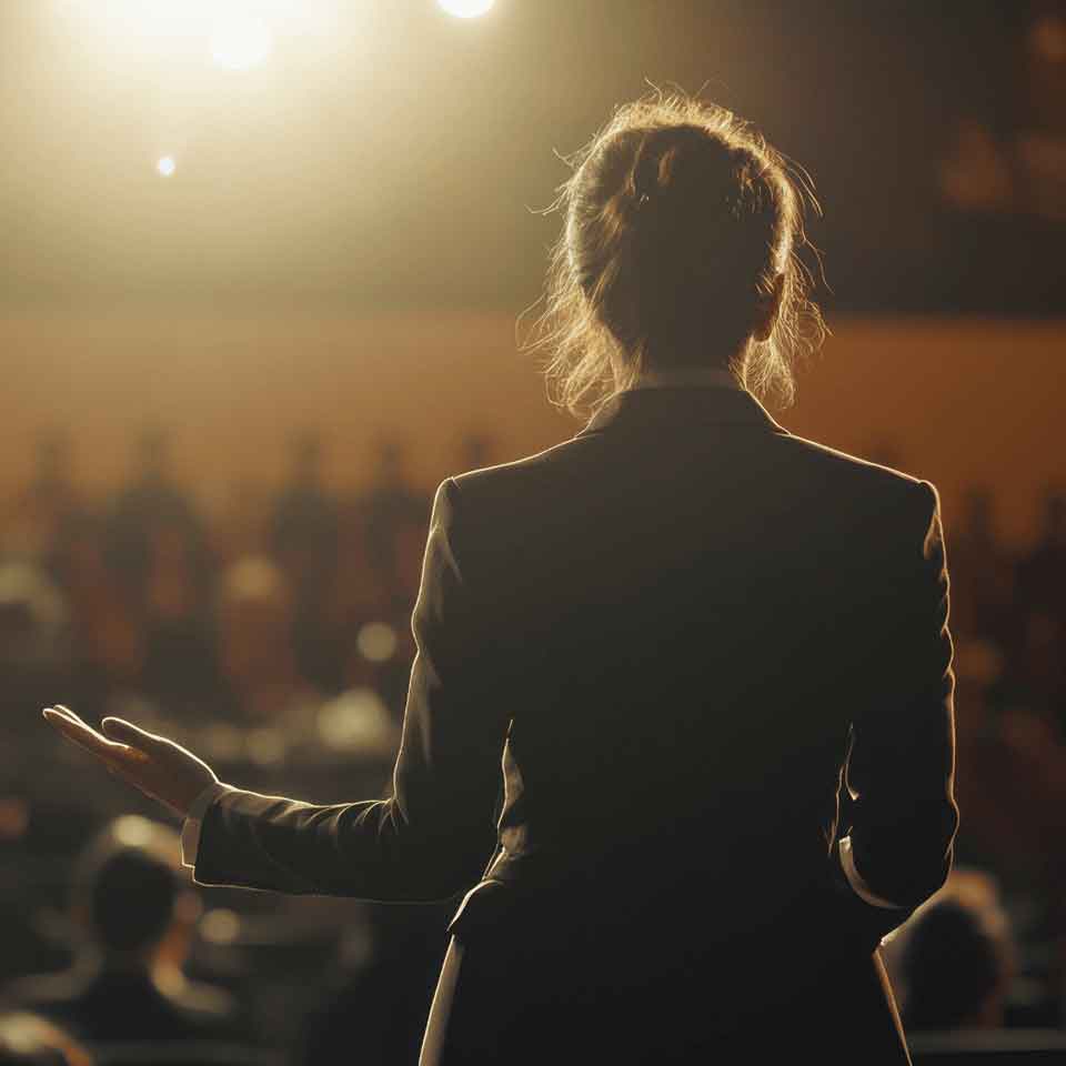 A woman in a suit stands on stage, facing an audience with one hand gesturing, illuminated by warm stage lights. The audience is blurred in the background.