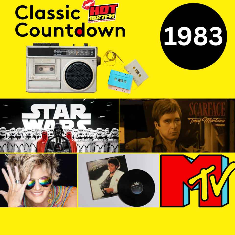A collage for a Classic Countdown 1983 theme shows a vintage radio, a cassette tape, Star Wars scene, Scarface poster, a smiling woman with sunglasses, a vinyl record, and the MTV logo on a bright yellow background.