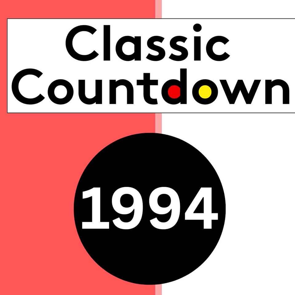 Graphic with the words Classic Countdown in black text. Countdown includes a red d and yellow o. Below, a large black circle contains the year 1994 in bold white numbers. Background is half red, half white.