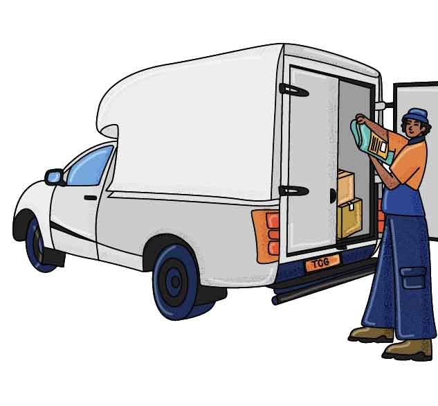 An illustration of a person unloading boxes from the back of a white delivery van with open rear doors. The person is holding a green box and facing the van.