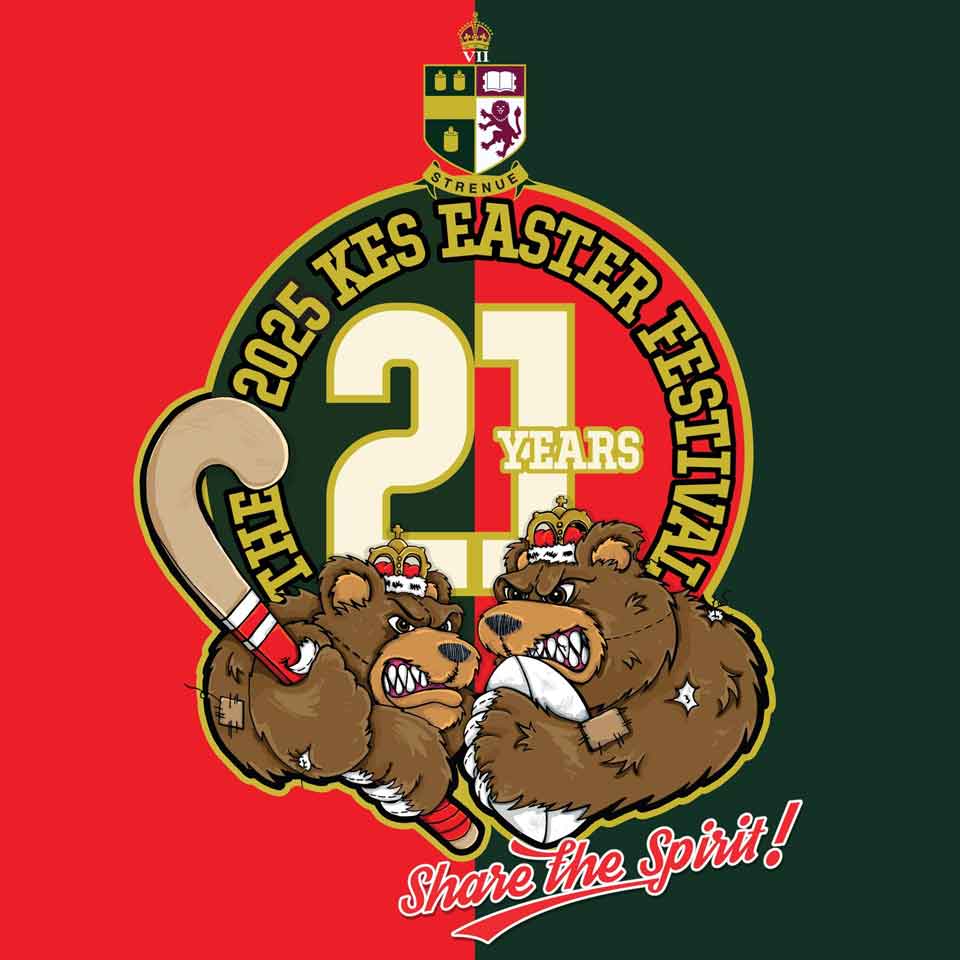 Logo for The 2025 KES Easter Festival: 21 Years featuring two fierce bears with crowns, a hockey stick, and the text Share the Spirit! on a split red and green background.