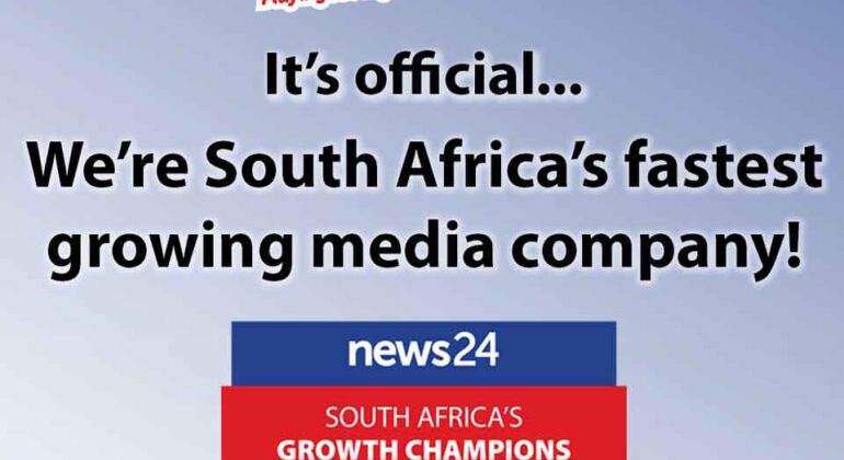 Promotional graphic with HOT 102.7 FM logo and text: It’s official... We’re South Africa’s fastest growing media company! with news24 and statista logos, and “South Africa’s Growth Champions 2025.”.