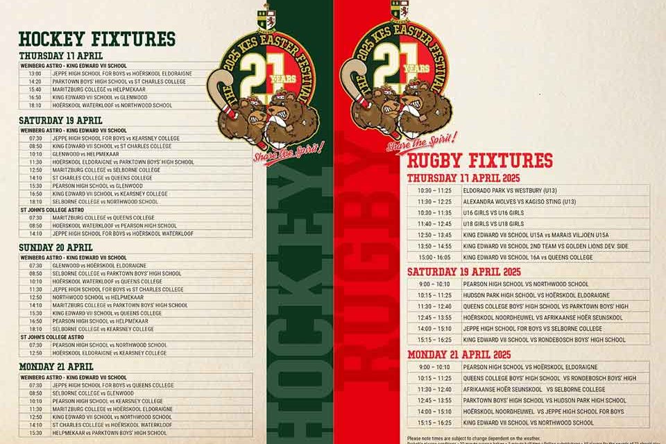 A schedule listing hockey fixtures on the left and rugby fixtures on the right, separated by a large school crest and the words 21st Reunion. Each column details match times, dates, participating schools, and locations.