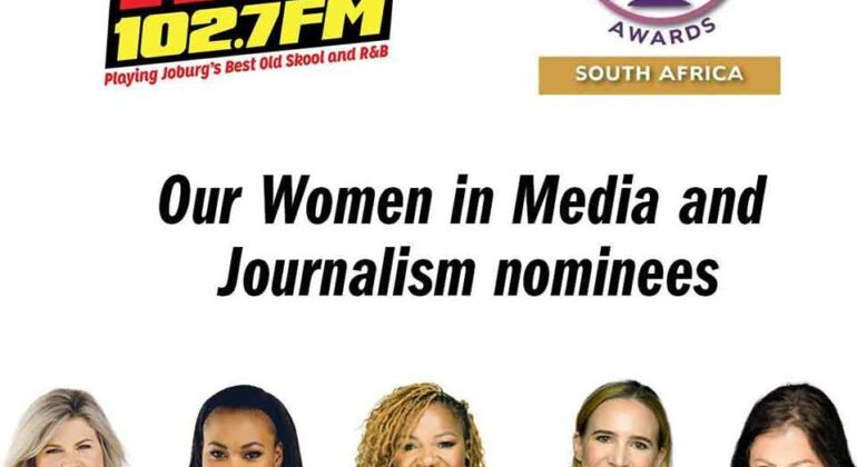 Five women, nominees for Women in Media and Journalism awards, stand in a row below logos for Hot 102.7FM and Woman of Stature Awards South Africa. Their names are listed: Tara Penny, Mathapelo Moloi, Bunny Majaja, Natasha Thorp, Christa Ebyers.