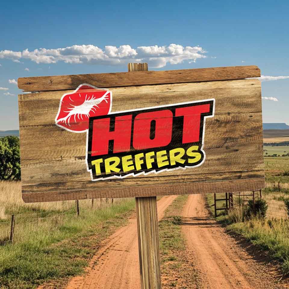 A wooden sign with a red lipstick mark and bold text reading HOT TREFFERS stands by a rural dirt road, with fields and blue sky in the background.