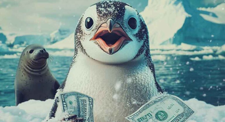 A happy penguin standing on snowy ice holds dollar bills in its flippers, with an iceberg and a seal in the background under a cloudy sky.