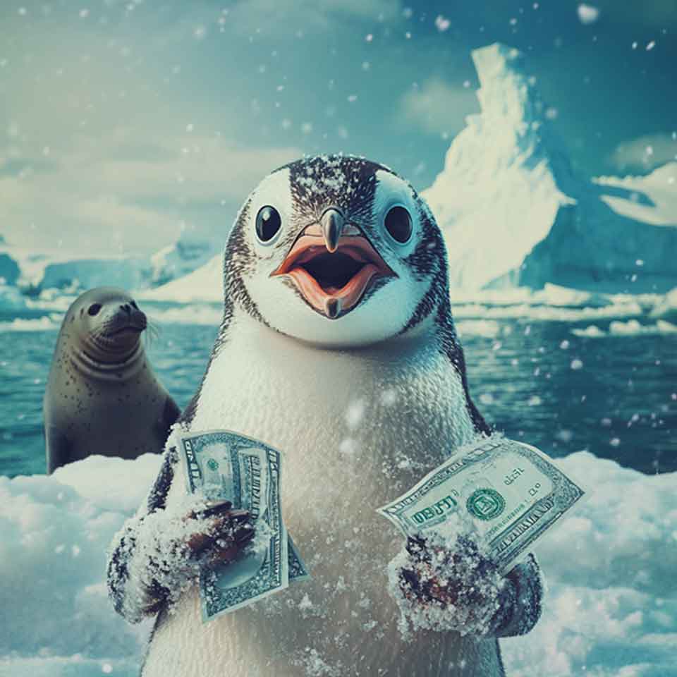 A happy penguin standing on snowy ice holds dollar bills in its flippers, with an iceberg and a seal in the background under a cloudy sky.