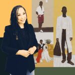 A smiling woman with long braids and a black blazer stands in front of a collage of three painted portraits of Black men, one of whom is seated with a large white dog.