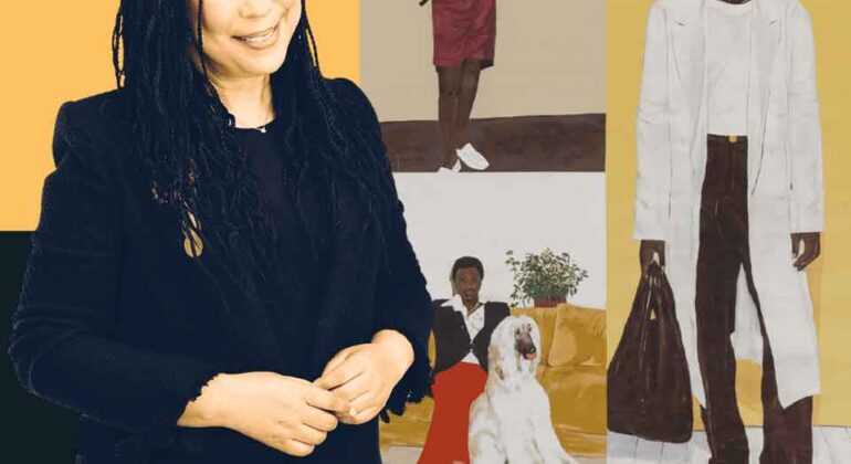 A smiling woman with long braids and a black blazer stands in front of a collage of three painted portraits of Black men, one of whom is seated with a large white dog.
