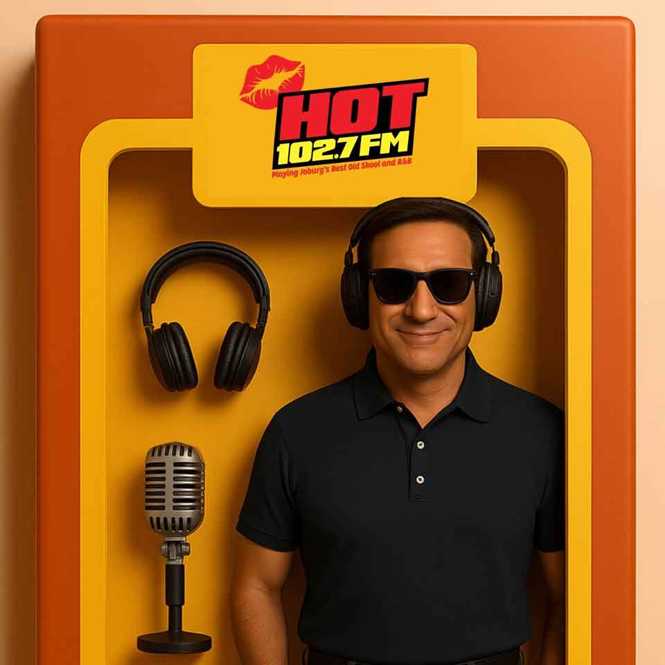 A man wearing headphones and sunglasses stands smiling inside a yellow radio booth with a microphone, headphones, and a HOT 102.7 FM sign above him.