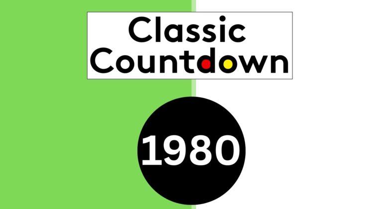 A graphic with a green and white split background, the words Classic Countdown in bold black text, and a large black circle at the bottom displaying 1980 in white—highlighting global shifts of that era.