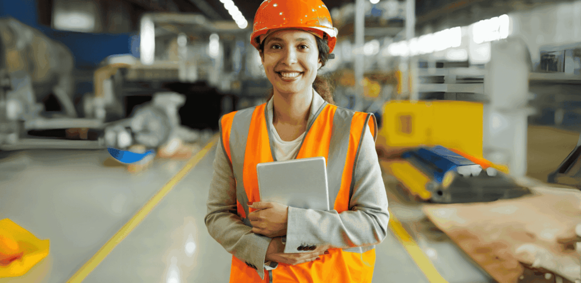 A smiling woman wearing an orange safety vest and hard hat stands in a warehouse, holding a tablet. The background shows industrial equipment and materials, with bright lighting and blurred details.