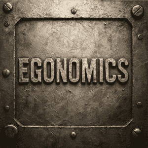The word EGONOMICS is embossed in bold, metallic letters on a textured, industrial metal plate with bolts in each corner, standing strong against fleeting fads.