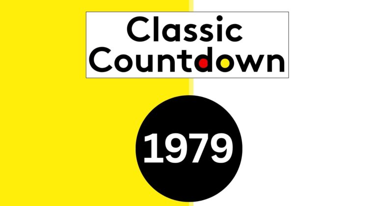 A graphic with a yellow and white split background, featuring the words Classic Countdown above a large black circle with 1979 written inside in white text. The letters d and o in countdown are colored red and yellow, evoking a disco vibe.