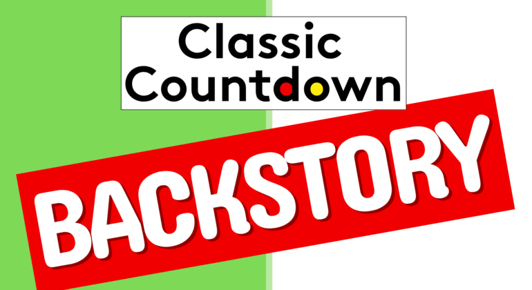 A graphic with Classic Countdown in bold black text on a white box, and BACKSTORY in large white letters on a red rectangle over a split green and white background.
