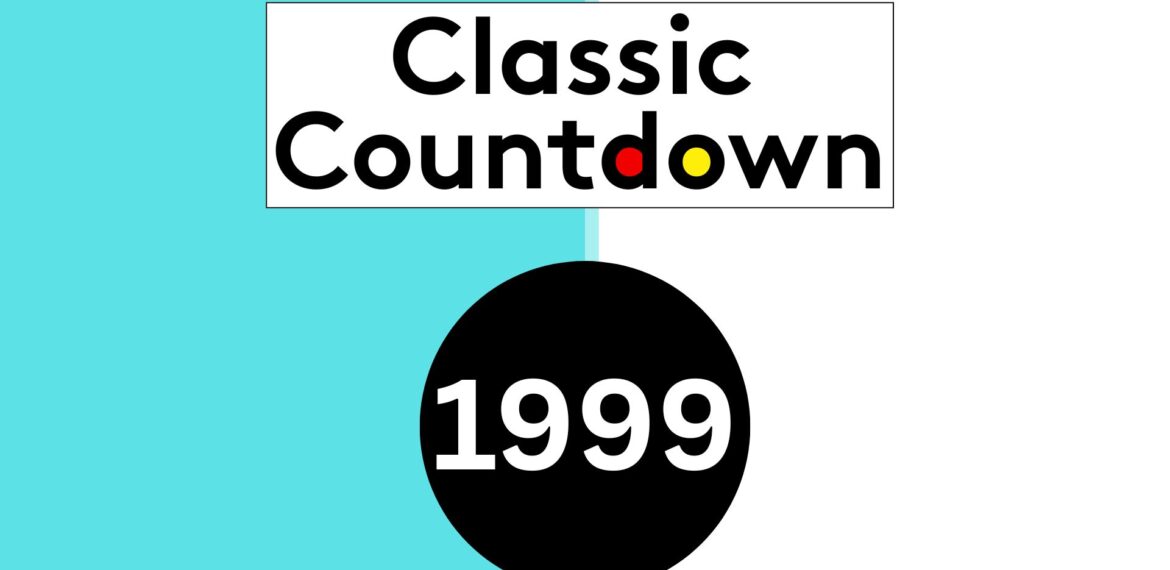 A graphic with a split turquoise and white background features the text Classic Countdown above a large black circle containing 1999 in white, evoking the nostalgia of mixtapes. The letters o and d in Countdown are yellow and red, respectively.
