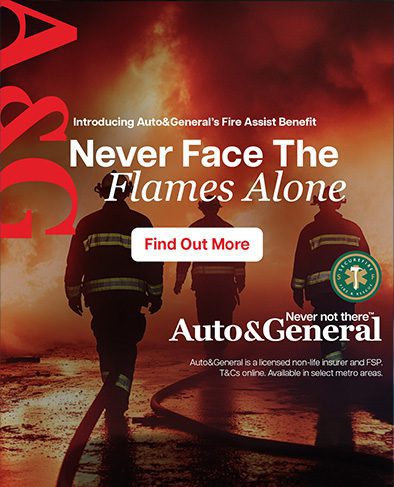 Three firefighters in gear stand in front of blazing flames and smoke. Text reads: Never Face The Flames Alone. Find Out More. Auto & General’s Fire Assist Benefit. Auto & General logo appears at the bottom.