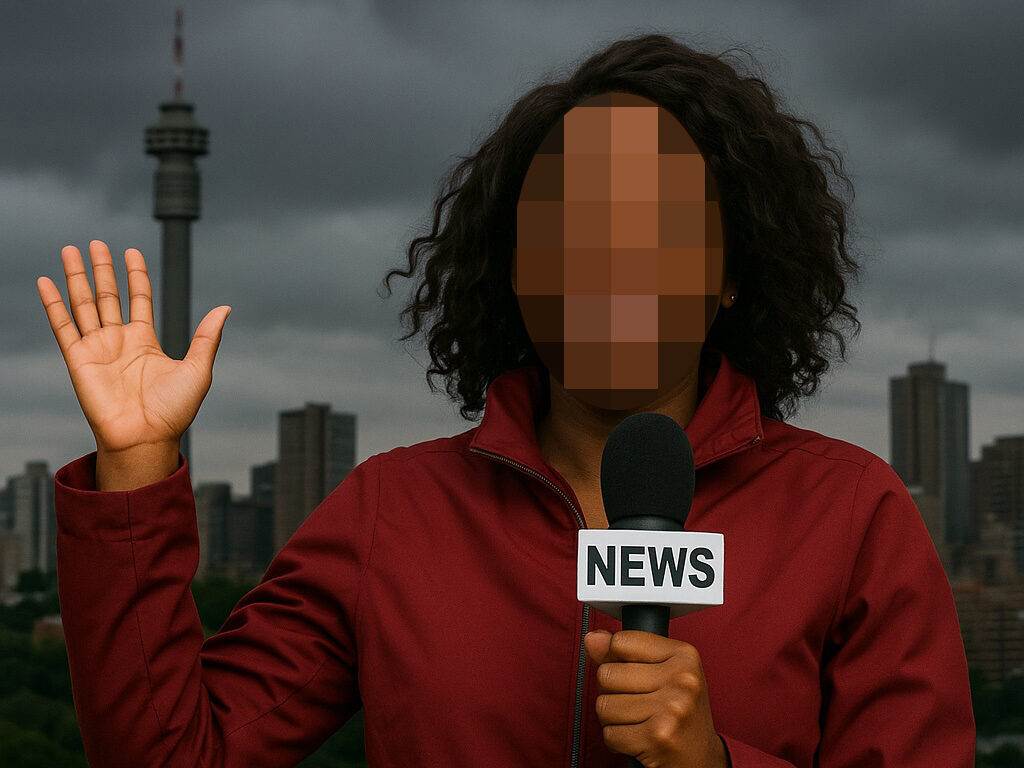A person with a pixelated face, wearing a red jacket, holds a microphone labeled NEWS and waves. Tall buildings and a cloudy sky are visible in the background.