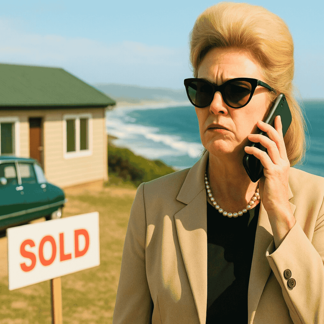 A woman in sunglasses and a beige blazer talks on her phone in front of a house with a SOLD sign, the ocean and a vintage car behind her—capturing that signature Lipschitz flair for stylish, successful living.