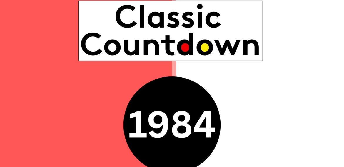 A vibrant graphic features a red and white split background with Classic Countdown in bold above a black circle displaying “1984” in white. The “o” in Countdown is uniquely colored in red, yellow, and black for a retro touch.