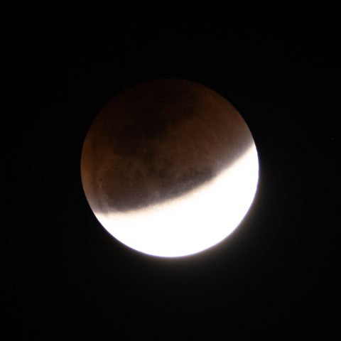 A partially eclipsed moon, reminiscent of a Blood Moon, displays a bright white lower edge while its upper portion lies in shadow, set against a dark night sky.