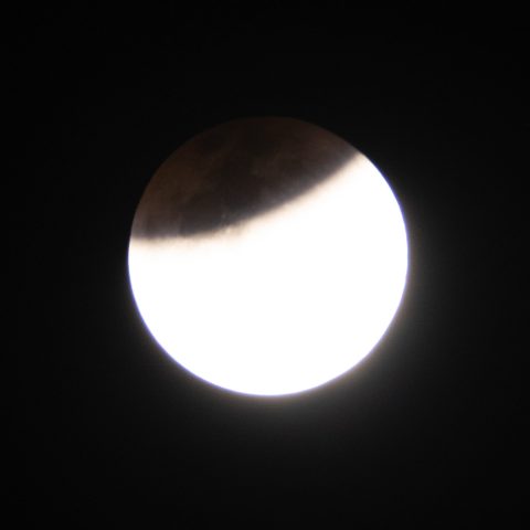 A close-up photo of a Blood Moon during a lunar eclipse, with Earth’s shadow covering the upper part of the moon, leaving the lower half brightly illuminated against a dark sky.