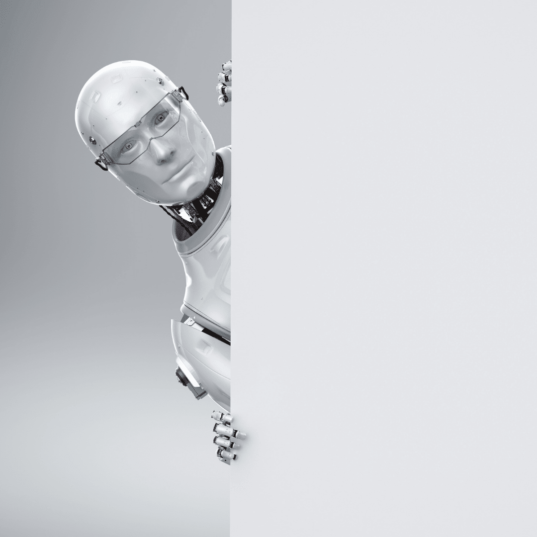A humanoid robot with a white face and body, wearing glasses, peeks from behind a blank white panel against a light gray background—like a character stepping out from the world of cinema.